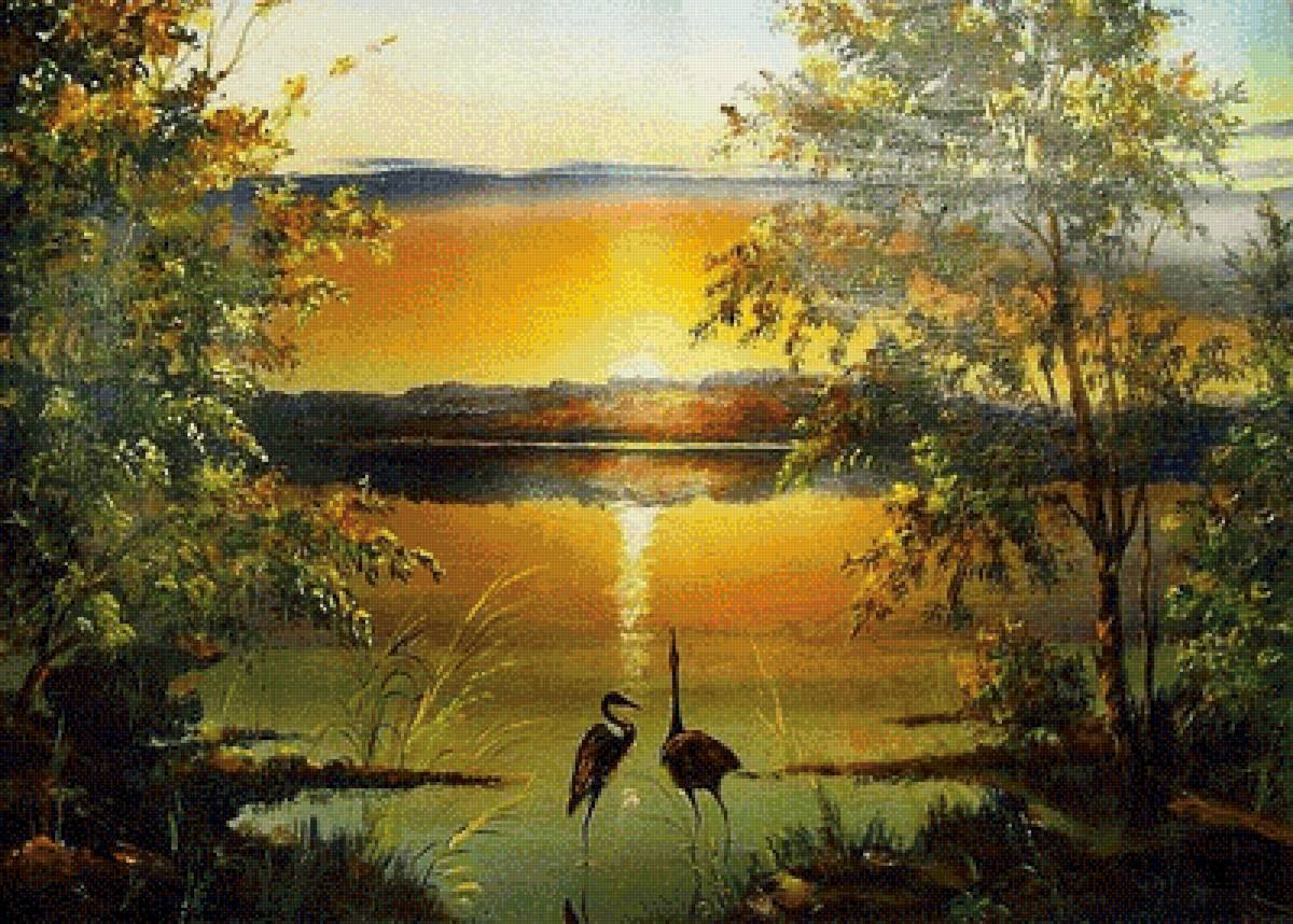 Сергей Ковальчук_4 - картина, цапли, утро, пейзаж, сергей ковальчук, река, восход - предпросмотр