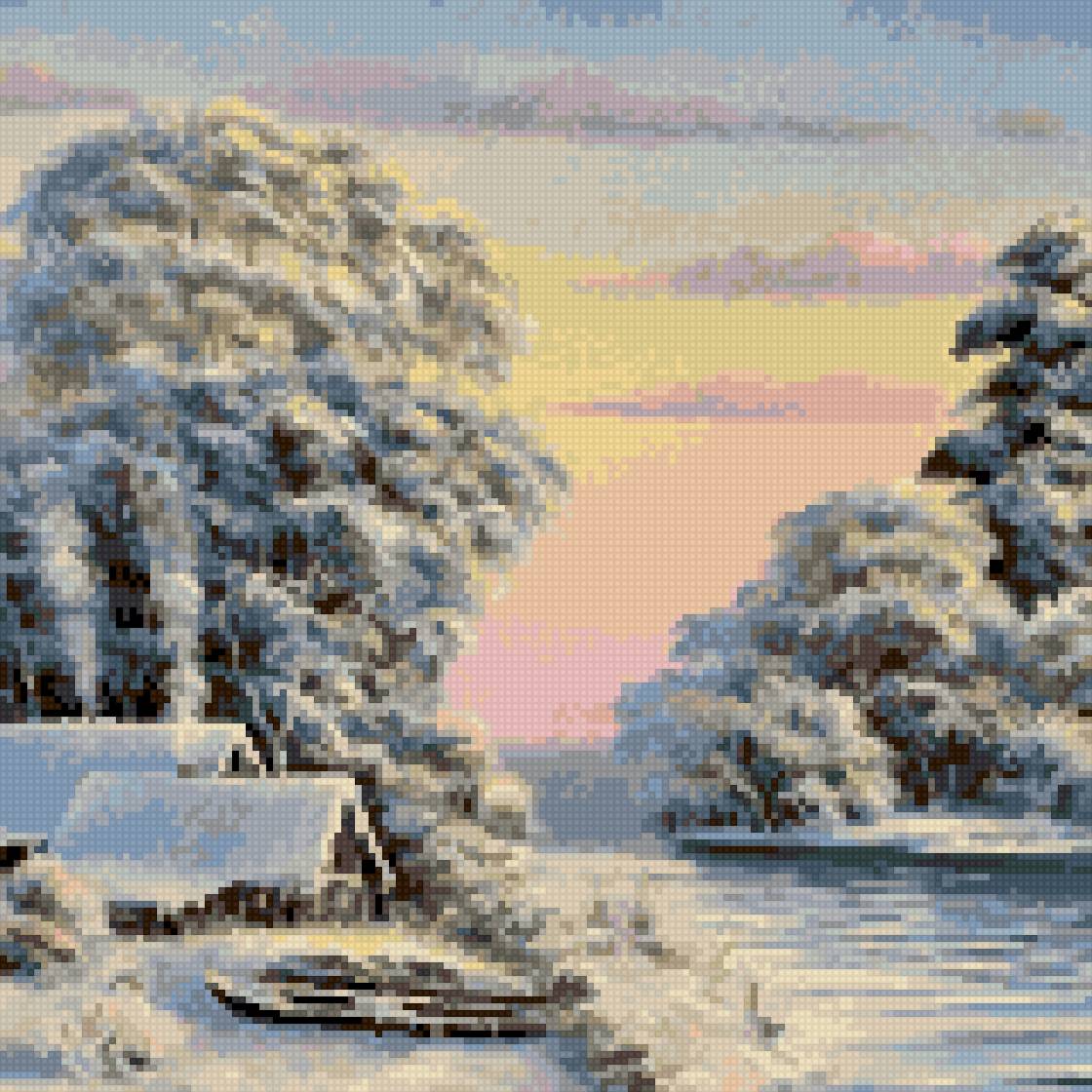 Зимний вечер - снег, домик, тишина, лес, вечер, река, зима - предпросмотр