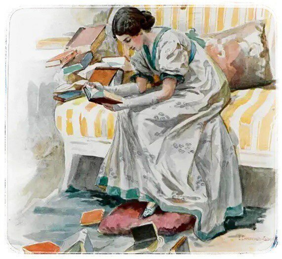 За чтением - 19 век, девушка, книги, пудшка, барышня - оригинал