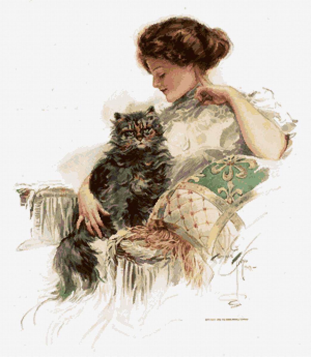 Девушка с котом - девушка, подушка, кот - предпросмотр