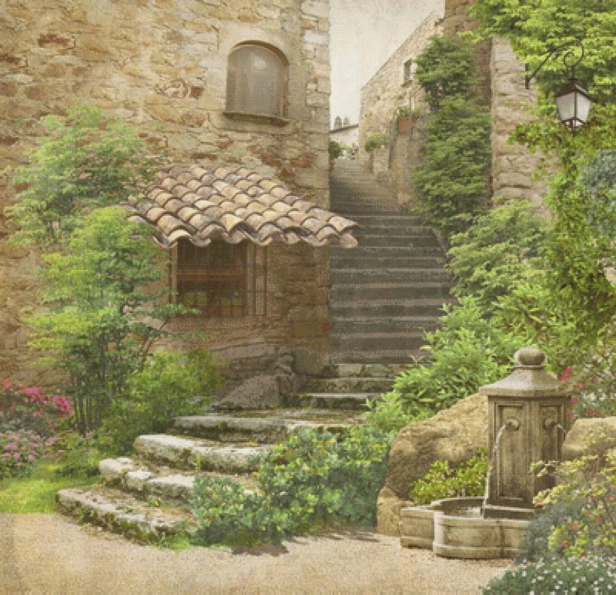 старинная лестница у фонтана - природа - предпросмотр