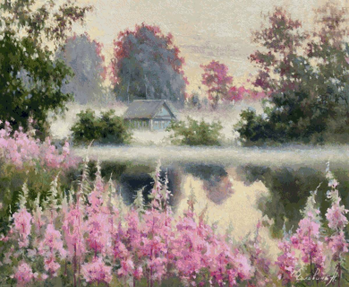 Июльский туман - картина, пруд, утро, туман, цветы - предпросмотр