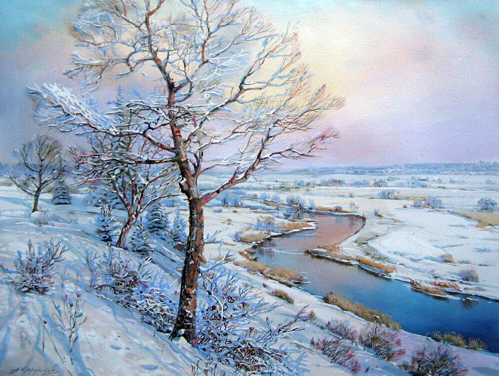 Зимняя речеа - снег, зима река, картина - оригинал
