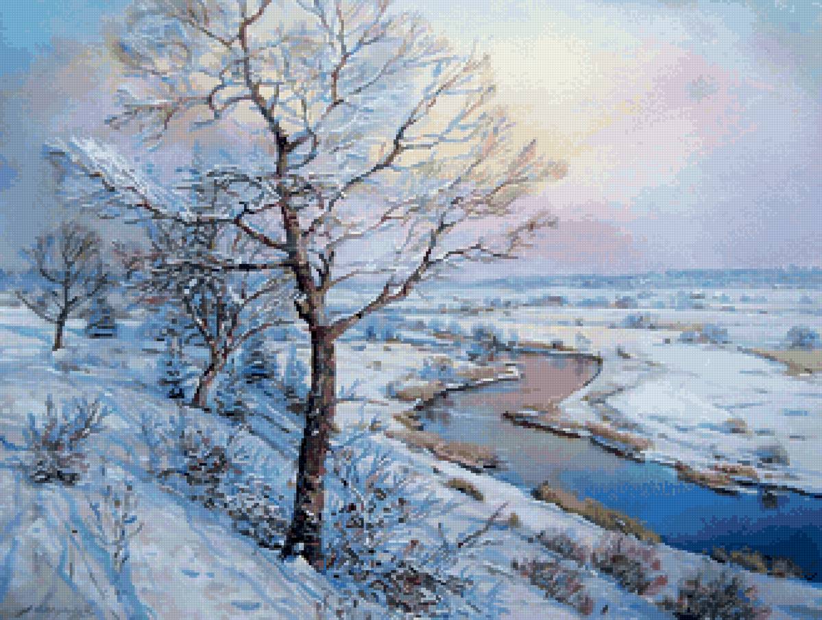 Зимняя речеа - зима река, картина, снег - предпросмотр
