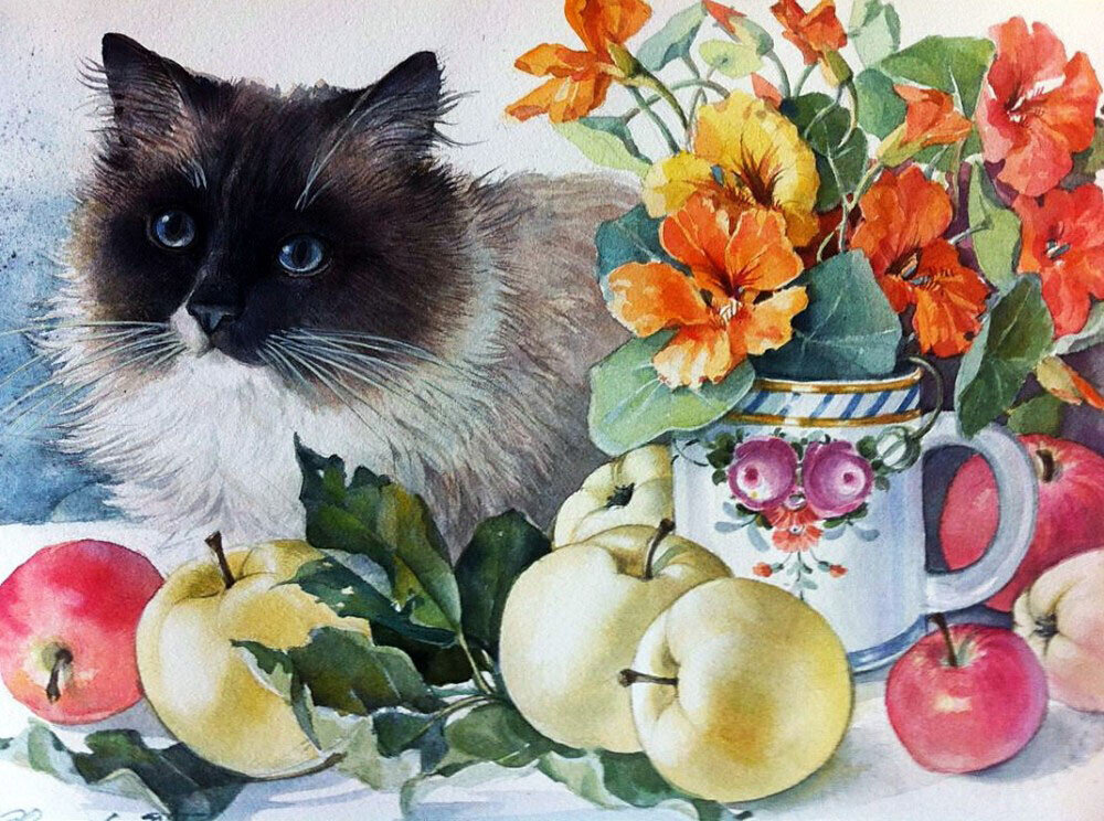 Натюрморт с котом - яблоки, кот, цветы - оригинал