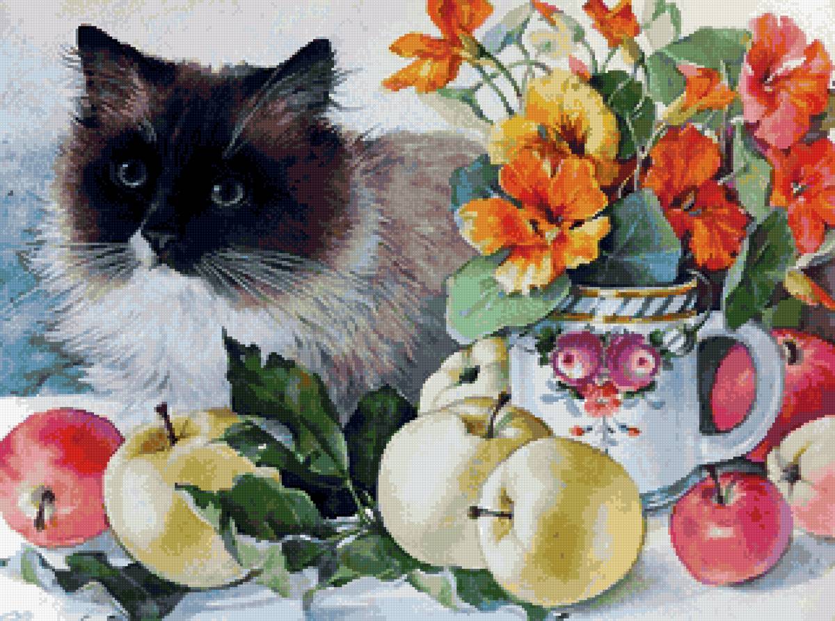 Натюрморт с котом - кот, яблоки, цветы - предпросмотр