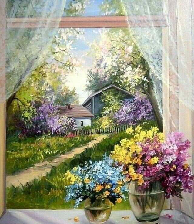 Аромат весны - деревня, окно, цветы, улица - оригинал
