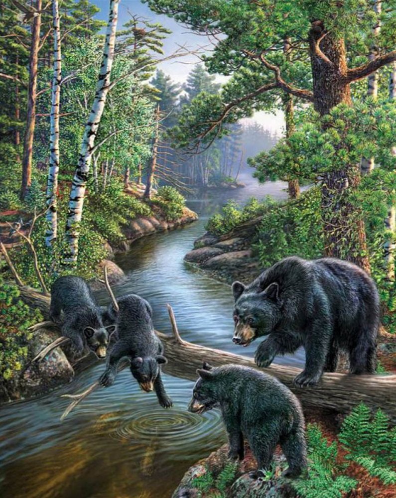 Медведи на рыбалке - лес, медведи, река - оригинал