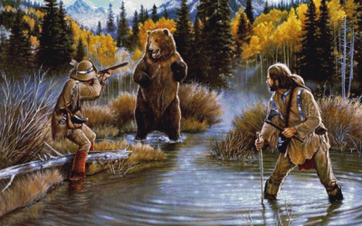 Охота на медведя - охотник, река, природа, лес, медведь - предпросмотр