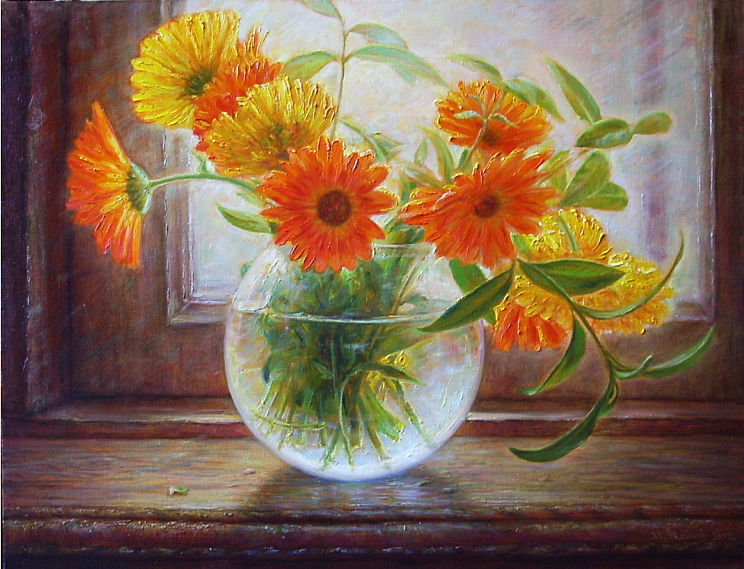 календула - лето, цветы, окно, ваза - оригинал