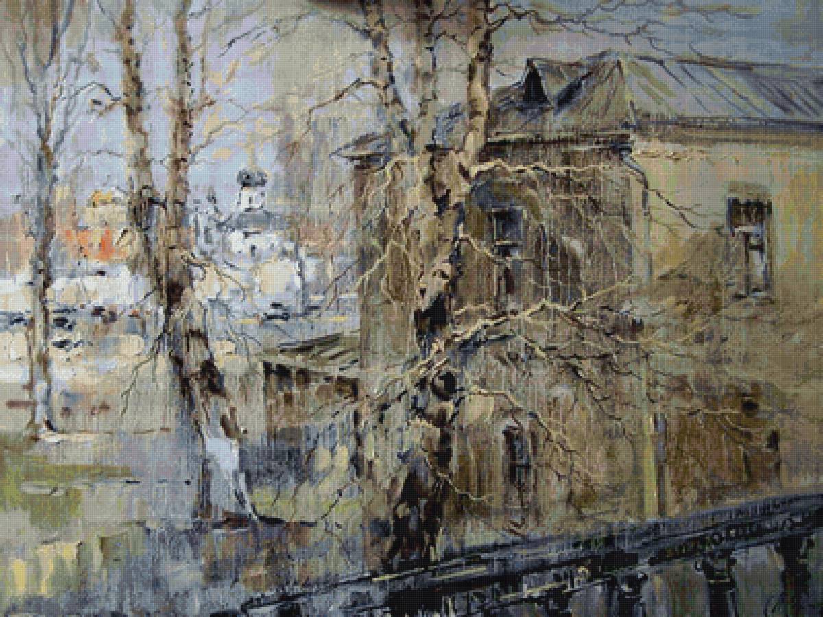 город - акварель, дом, дерево, весна - предпросмотр