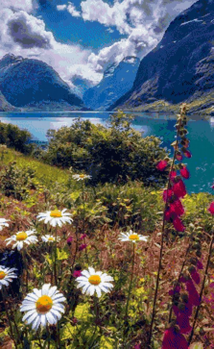утро в горах - ромашки, горы, утро, цветы - предпросмотр