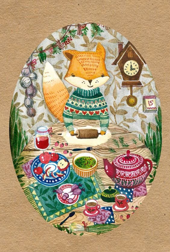 Лисенок печет пирожки - иллюстрация, лис - оригинал