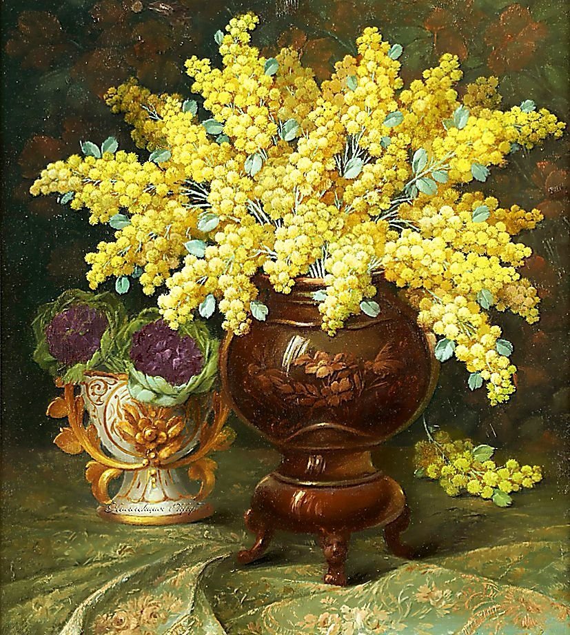 мимоза - цветы, букет, весна, ваза - оригинал