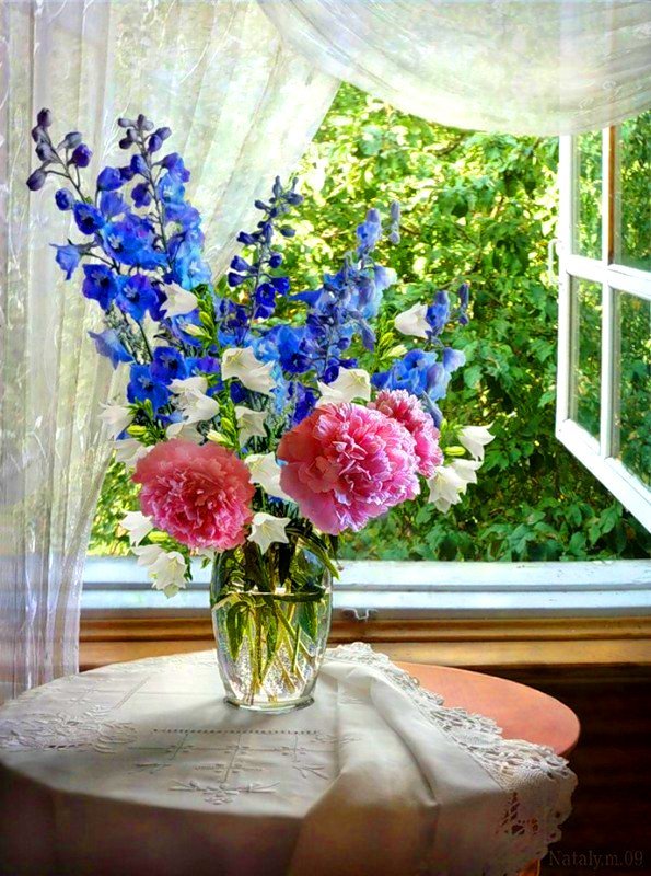 цветы на окне - стол, цветы в вазе, букет, окно, цветы - оригинал