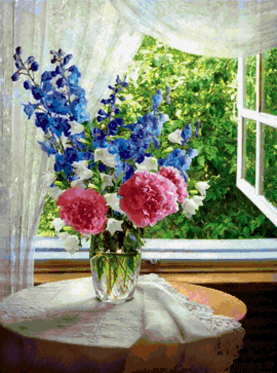 цветы на окне - цветы в вазе, букет, стол, цветы, окно - предпросмотр