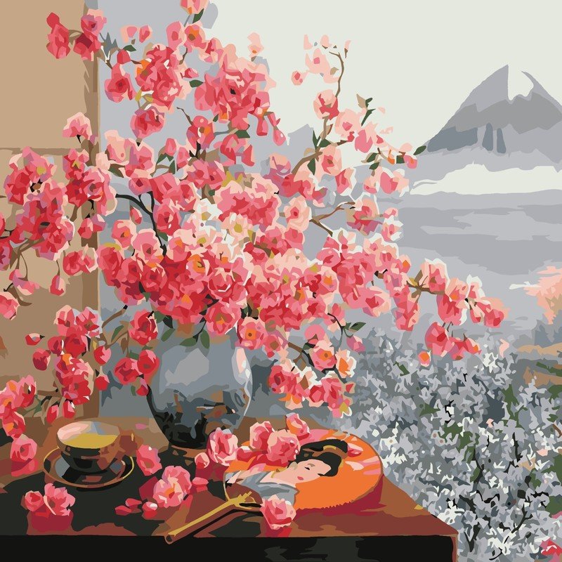 Весеннее чаепитие - дерево, гора, чашка, веер, сакура, цветение, фудзияма, весна - оригинал