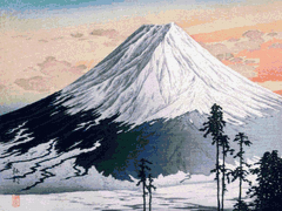 Фудзияма. Художник Сётэй Такахаси - гора, сосны, снег на склонах, япония - предпросмотр
