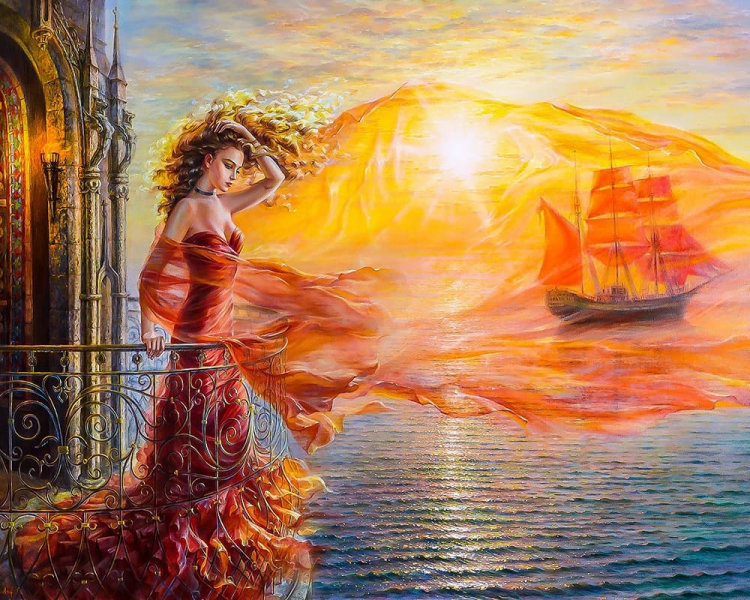 Мечта - девушка, балкон, море, корабль - оригинал