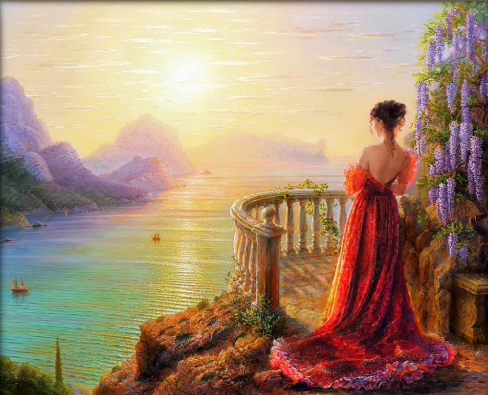 На балконе - красное платье, девушка, море, закат - оригинал