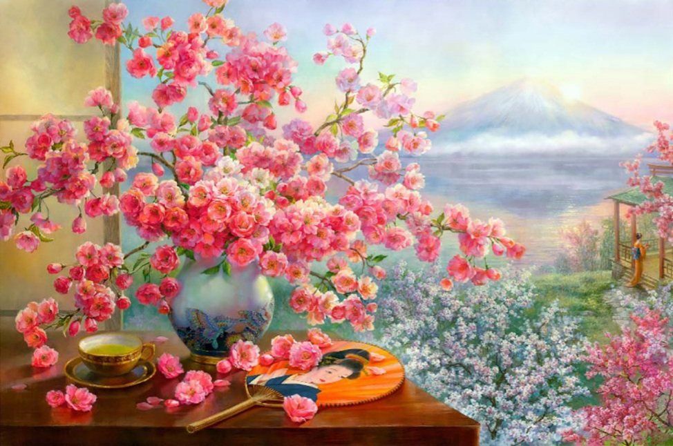 Сакура - горы, букет, цветы - оригинал