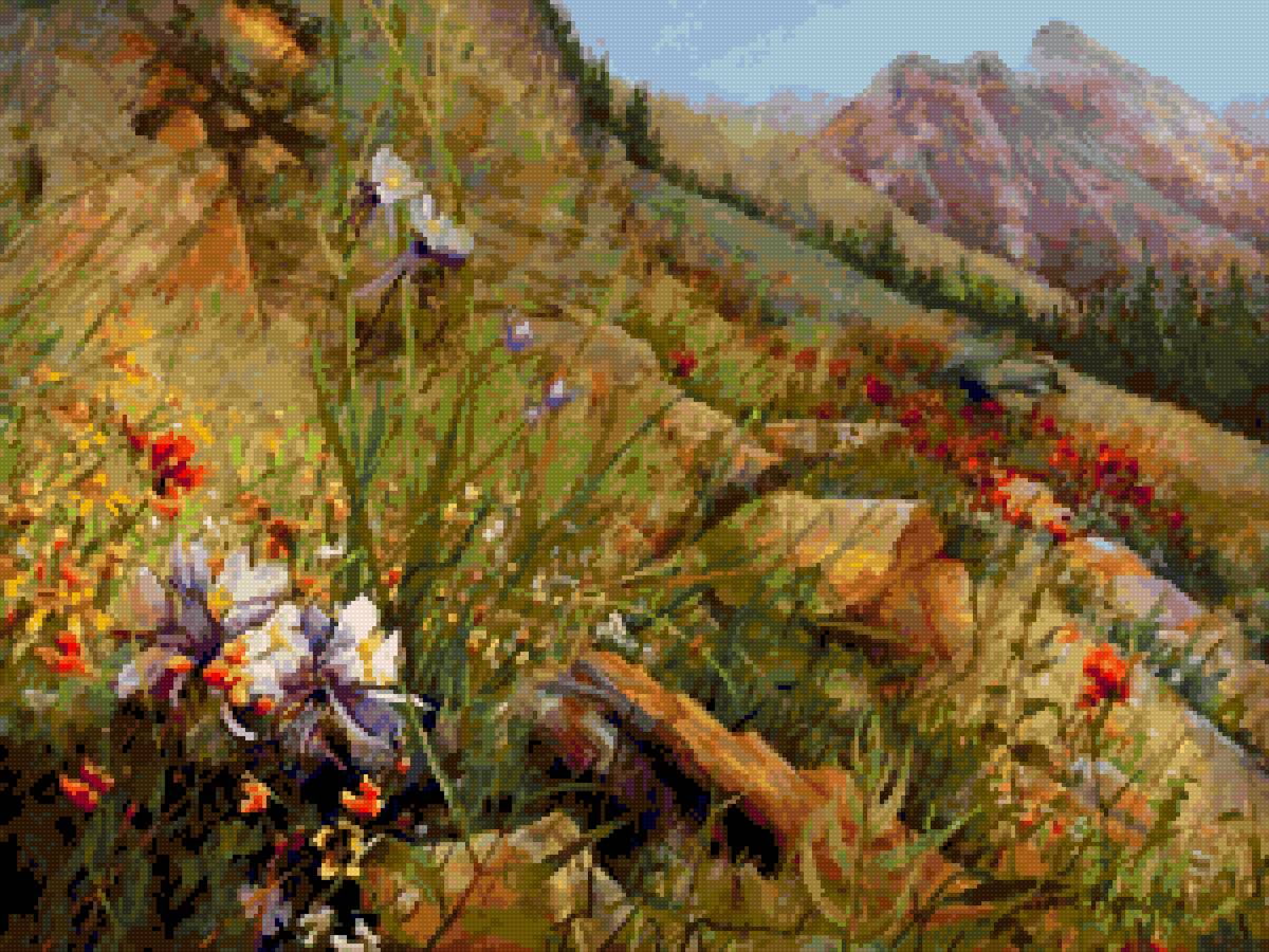 Пейзаж - цветы, луг, горы - предпросмотр