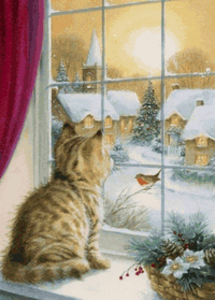 Зимнее утро - утро, зима, котенок, окно - предпросмотр