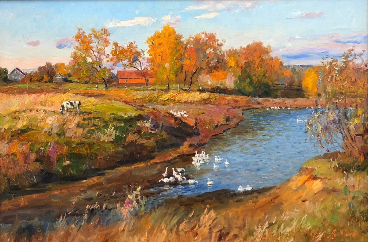 Осенняя безмятежность - река, осень, деревня - оригинал