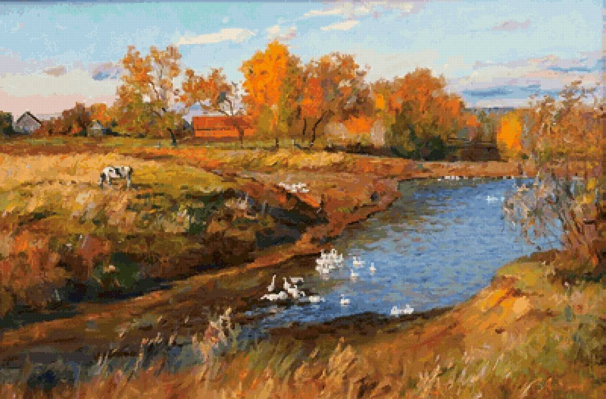 Осенняя безмятежность - река, деревня, осень - предпросмотр