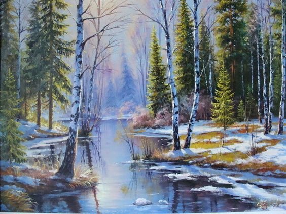 Оттепель - живопись, весна, пейзаж - оригинал