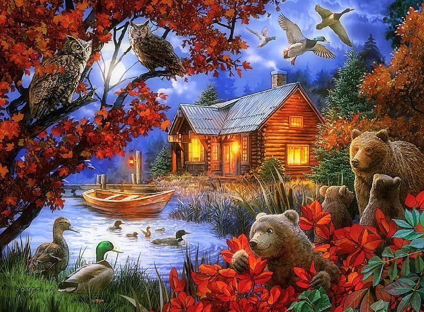 Дом лесника - дом, природа, река, совы, медведи - оригинал
