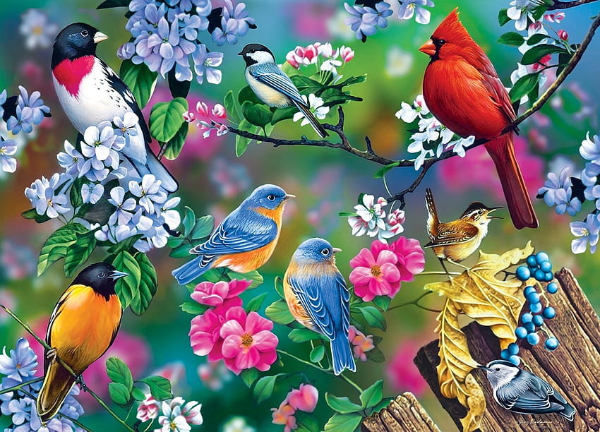 Птицы - цветы, птицы, пейзаж - оригинал