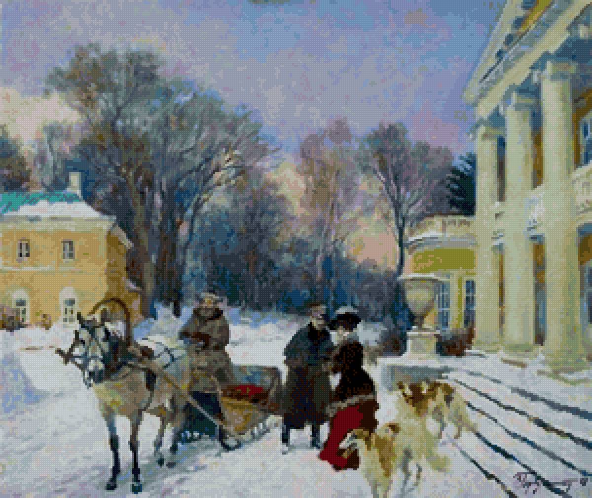 Зимняя прогулка - сани, дама, пара, офицер, прогулка, зима, лошади, собаки, 19 век - предпросмотр