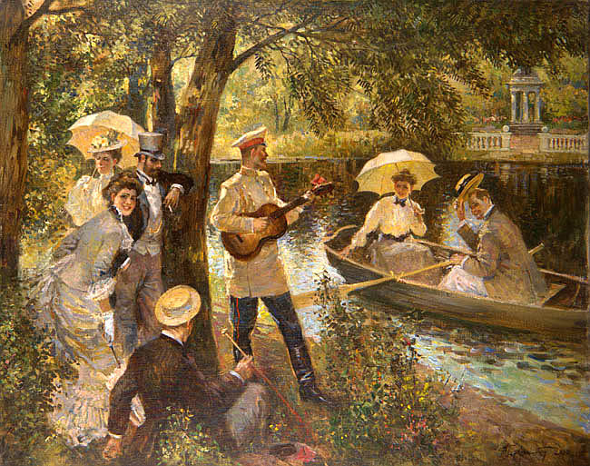 Летний день - лето, офицер, лодка, дама, 19 век, пара, река, парк - оригинал