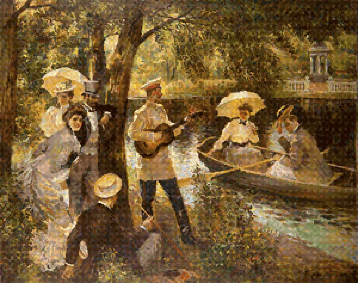 Летний день - офицер, парк, лето, пара, дама, лодка, 19 век, река - предпросмотр