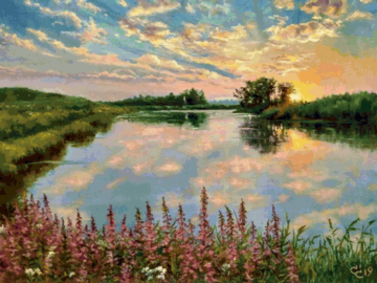 Закат - отражение, озеро, закат, природа, облака - предпросмотр