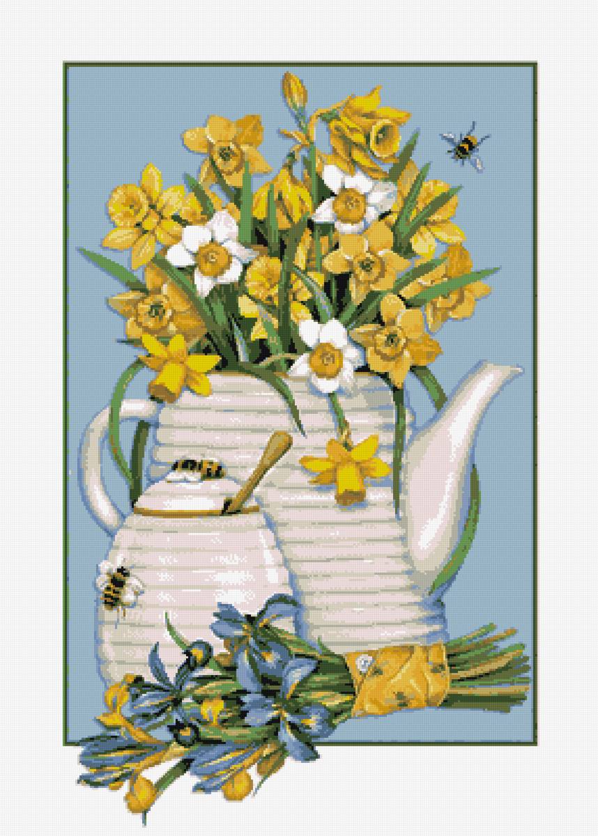 Нарциссы в чайнике - цветы, рисунок - предпросмотр