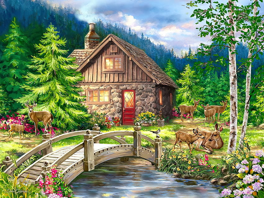 Олени - мост, лес, дом, река, животные - оригинал