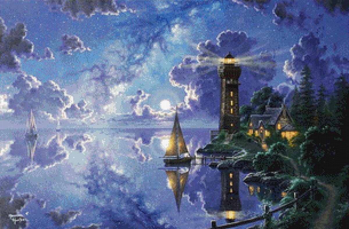 Закат солнца - коробли, облака, море, дом, небо, маяк - предпросмотр