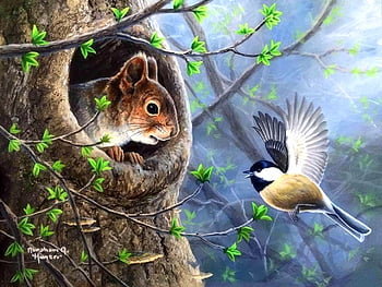 Лесные соседи - лес, белка, птица - оригинал