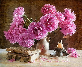 Пионы - цветы, ваза, книга, свеча - оригинал