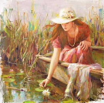 В лодке - река, девушка, лодка, лотосы - оригинал