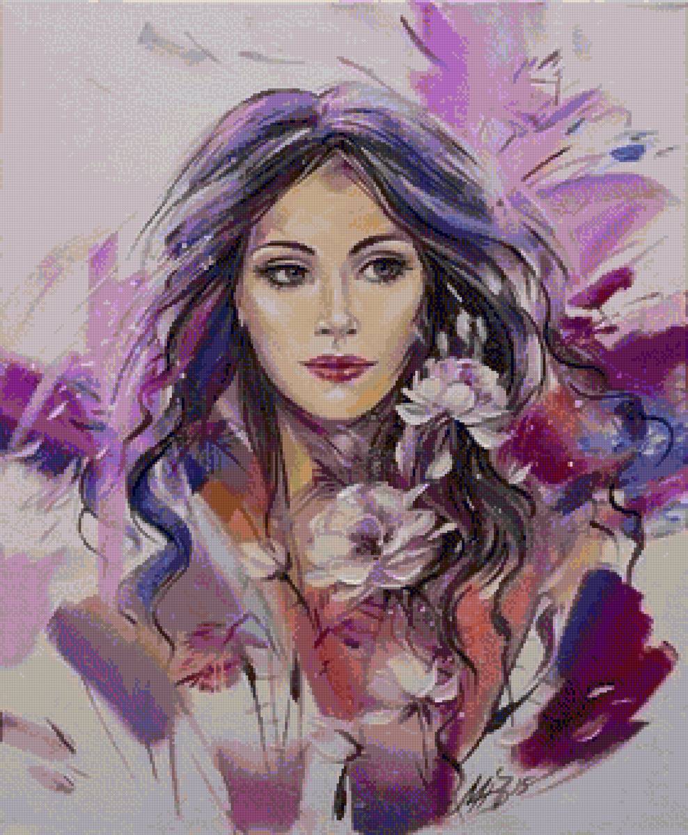 Сиреневый портрет - фантазия, картина, девушка - предпросмотр