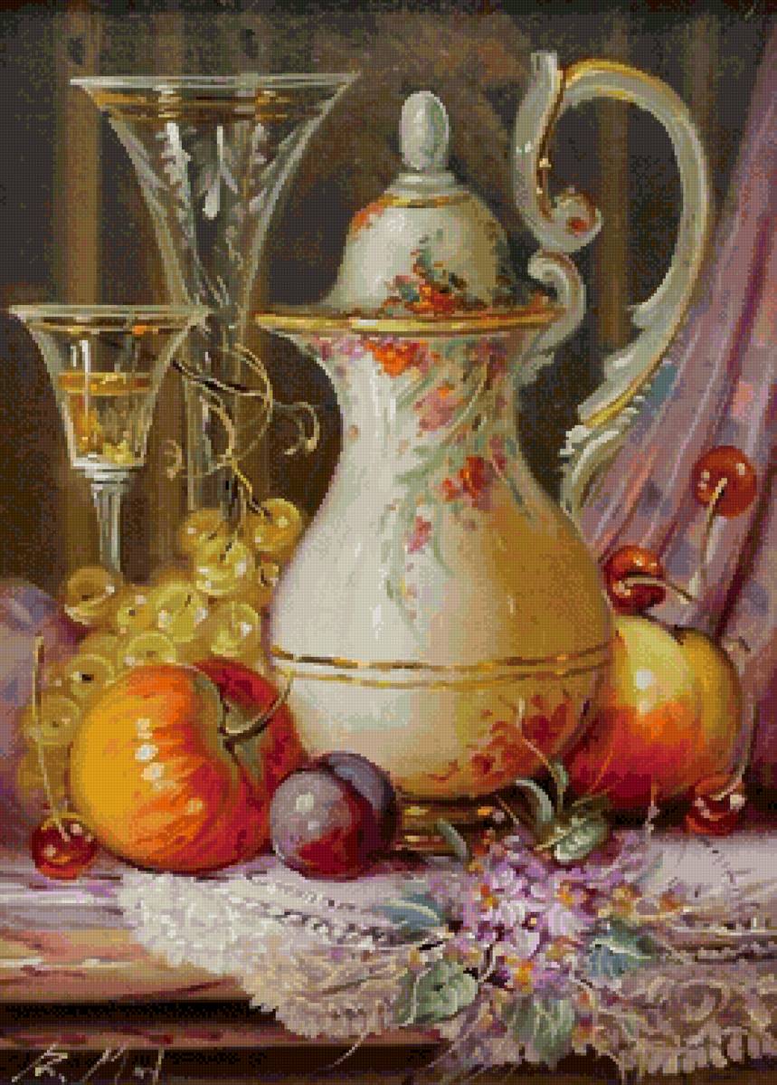 Натюрморт с фарфоровым чайником - фарфор, фрукты, хрусталь, картина - предпросмотр