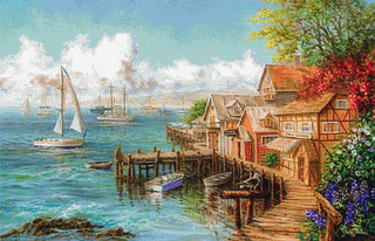 Морской пейзаж - мост, дом, море, парусники - предпросмотр