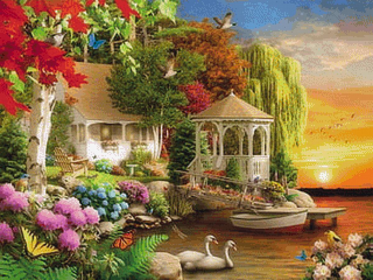 Беседка у реки - река, лодка, лебеди, пейзаж - предпросмотр