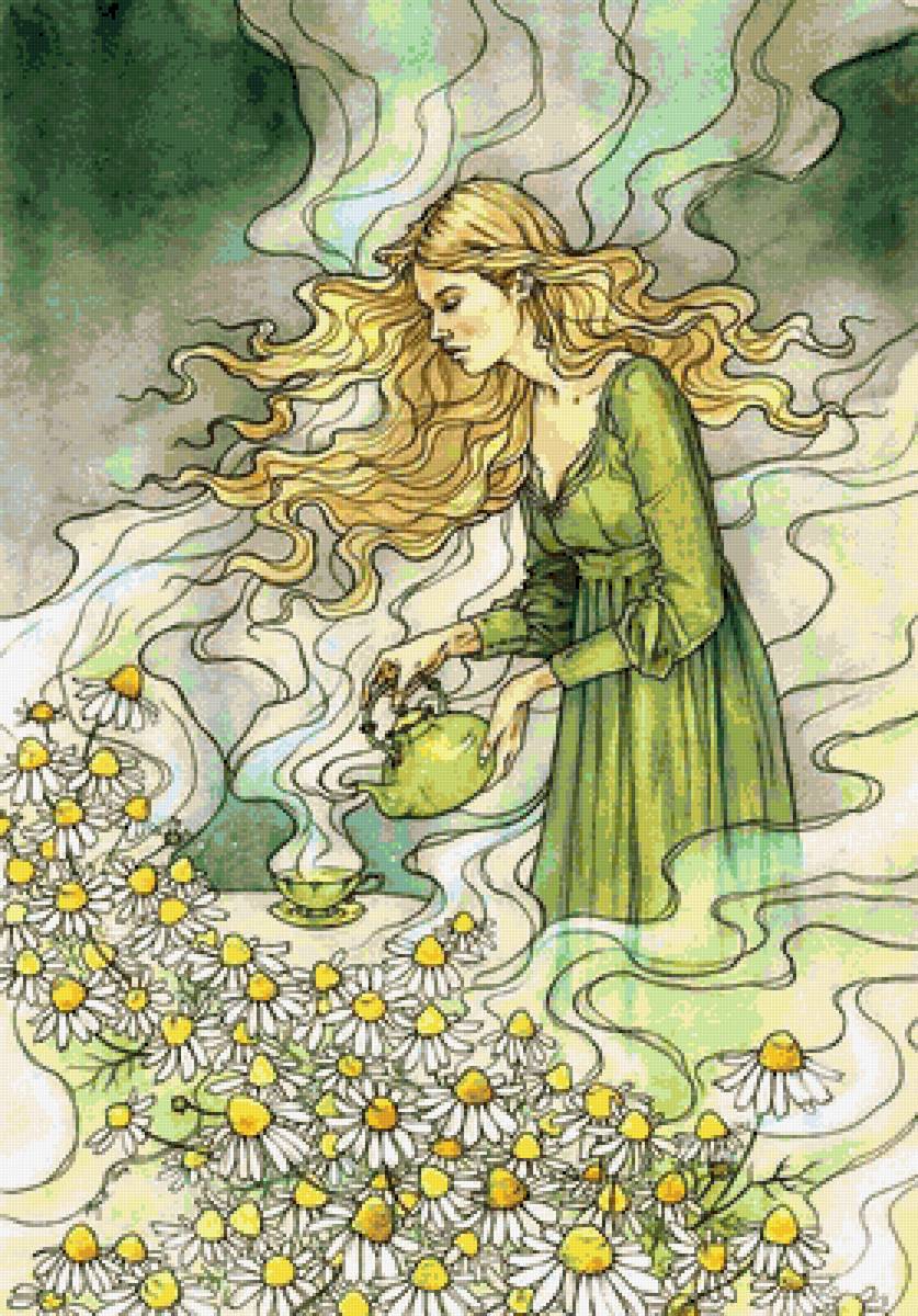 чай с ромашкой - акварель, цветы, девушка - предпросмотр