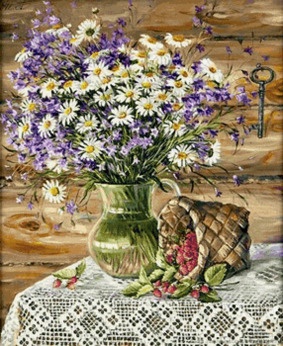 Летний натюрморт - цветы, натюрморт, букет, лето, ягоды - предпросмотр
