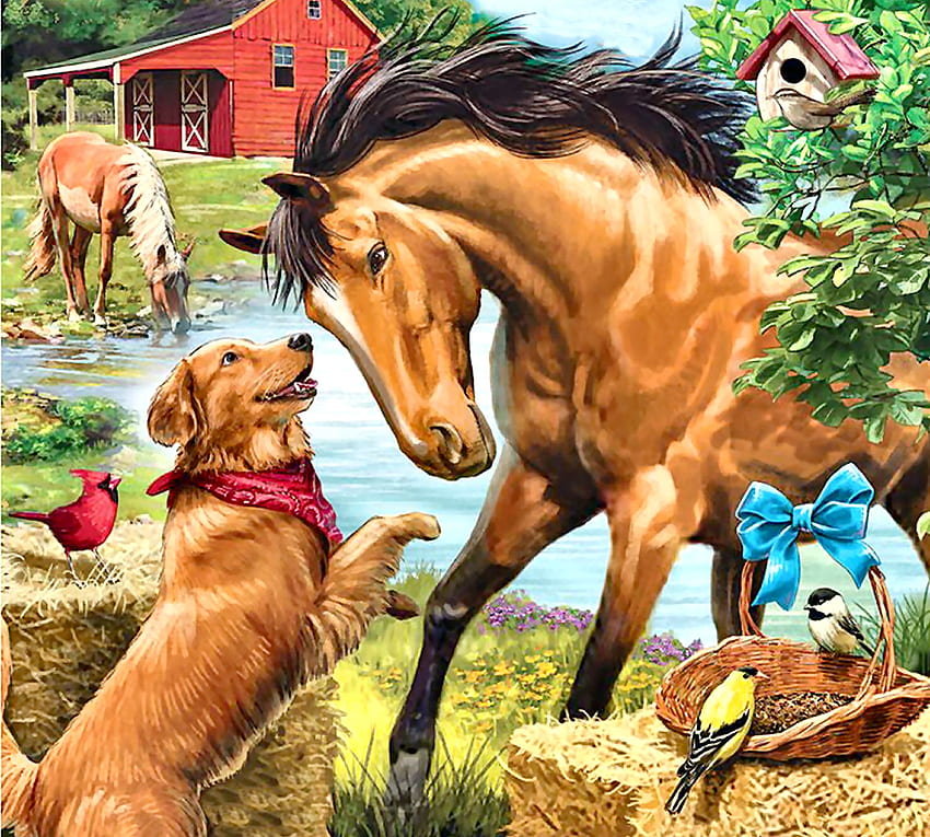 Встреча - кони, собака, река, птицы, деревня - оригинал