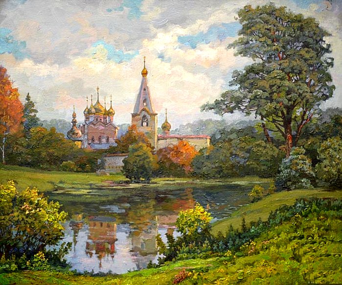 Осень - картина, монастырь, отражение, осень - оригинал